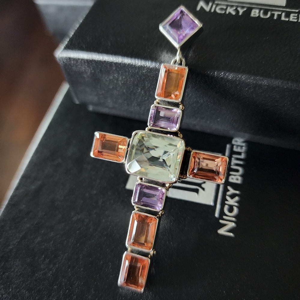 Nicky Butler 925 Sterling Silver Quartz Cross Pendant Amethyst Prasiolite NB